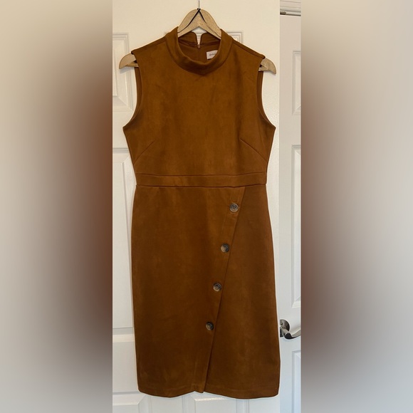 Emma & Michele Cognac Brown Mock Neck Faux Suede Fitted Dress - Picture 2 of 5